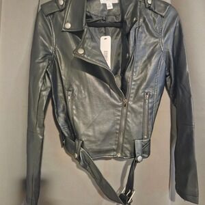 Olia Faux Leather Moto Jacket, Women's Small, Black‎ Belted Zip Front, NWT